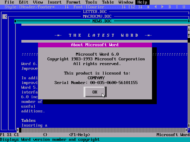 Microsoft Word 6 for DOS - About